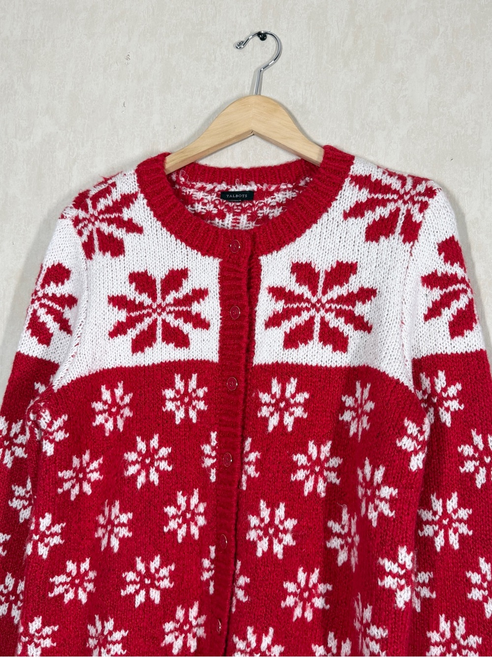 Talbots Women’s Wool Blend Crewneck Cardigan Sweater in Snowflake Fair Isle M - Picture 3 of 11